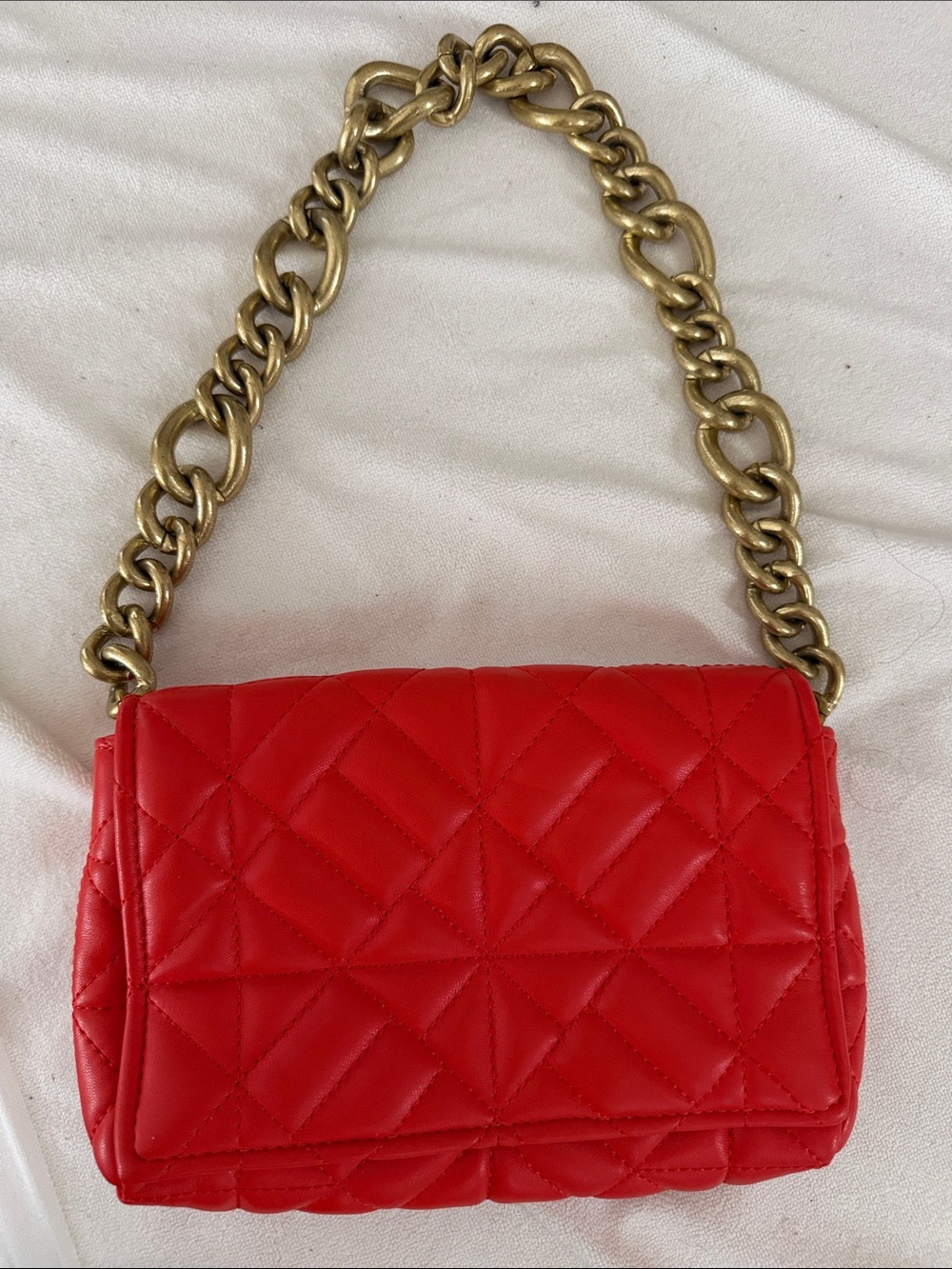 Zara Red Quilted Shoulder Bag with Gold Chain